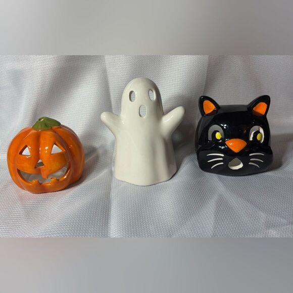 3 Halloween Tealight Candle Holders Jack-o-Lantern, Ghost, & Black Cat EPC - Picture 1 of 8